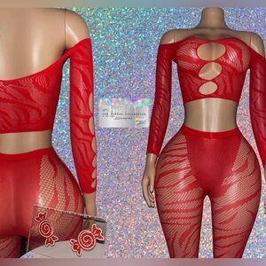 EXOTIC STRIPPER WEAR: RED LONG SLEEVE 2 PIECE SET
